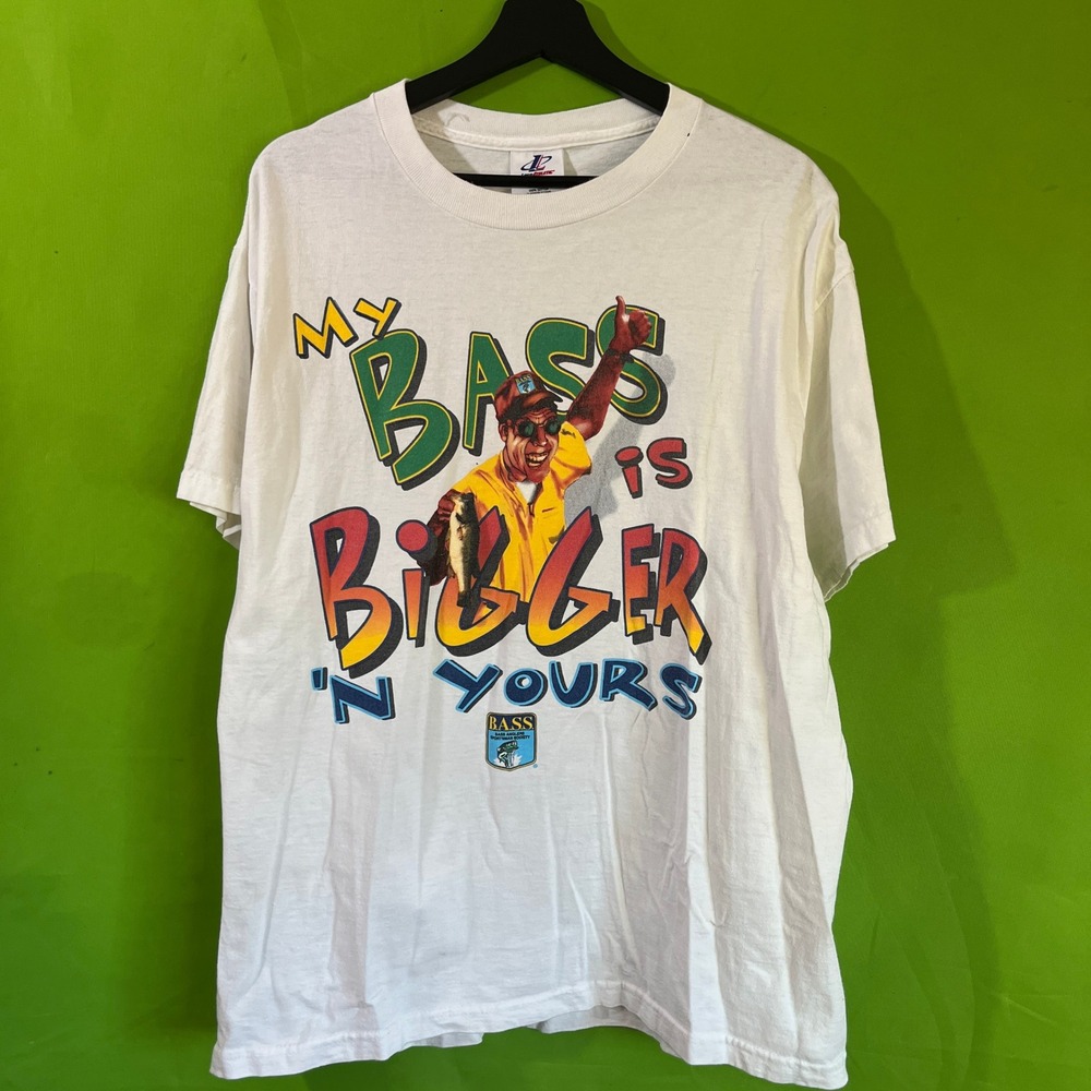 Vintage Logo Athletic BASS My Bass Is Bigger N Yours Fishing T-Shirt White‎ L